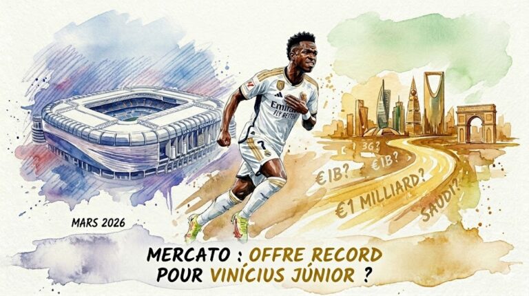 Illustration aquarelle Vinícius Júnior Real Madrid Mercato Arabie Saoudite 2026