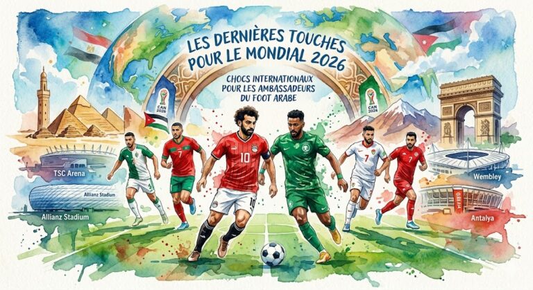 Illustration style aquarelle moderne montrant des footballeurs des sélections d'Égypte, du Maroc, d'Algérie et d'Arabie Saoudite sur un fond de stades internationaux et de monuments mondiaux.