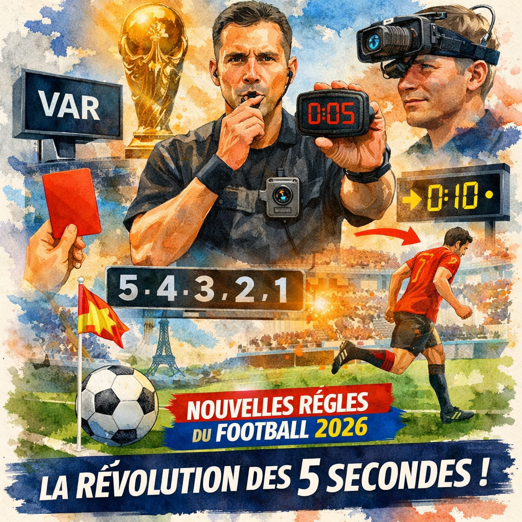 Illustration des nouvelles lois du football 2026 adoptées par l’IFAB avec la règle des 5 secondes, le VAR amélioré et les caméras des arbitres avant la Coupe du monde 2026