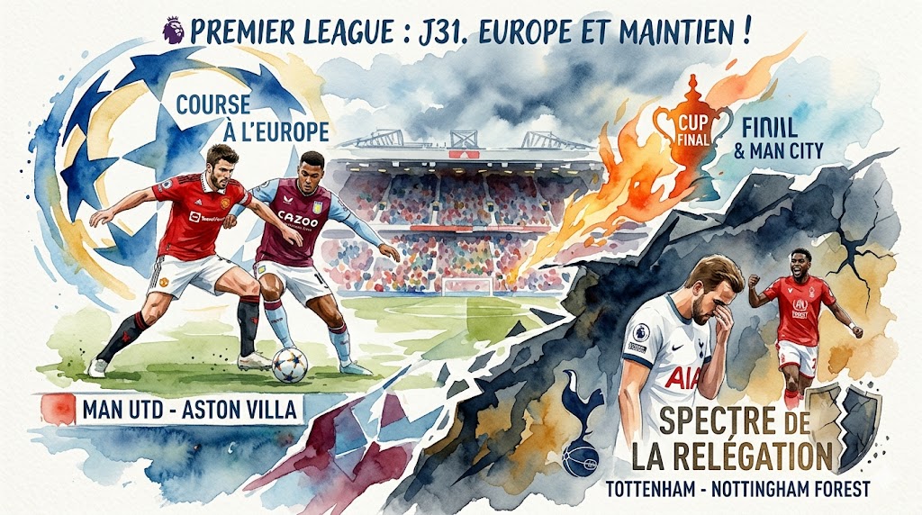 Illustration style aquarelle montrant des joueurs de Manchester United et Tottenham illustrant la lutte pour l'Europe et le maintien en Premier League.
