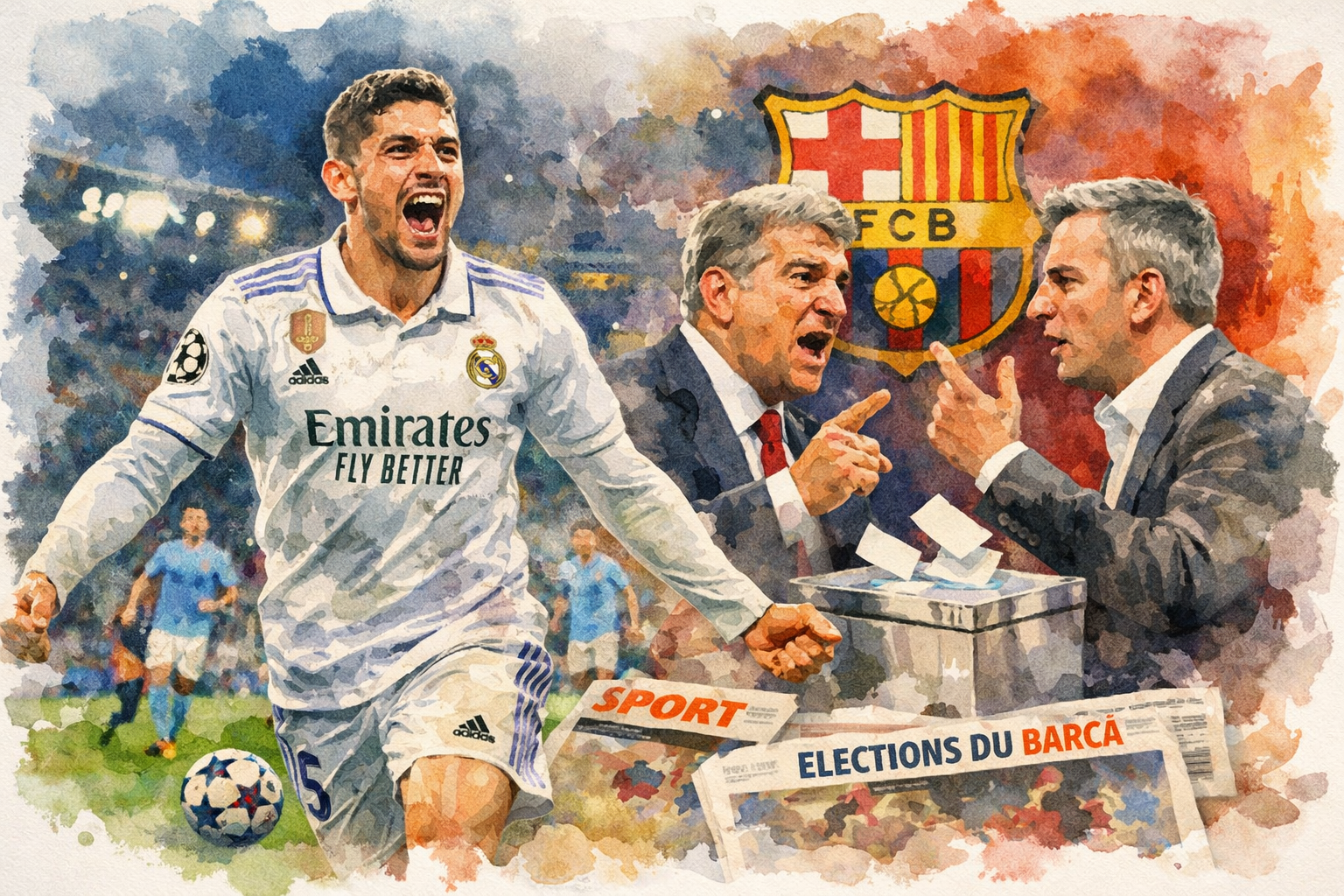 Federico Valverde célèbre son triplé avec le Real Madrid contre Manchester City, tandis que les élections du FC Barcelone agitent la presse sportive mondiale