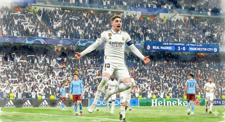 Illustration aquarelle Federico Valverde célébration triplé Real Madrid vs Manchester City 3-0