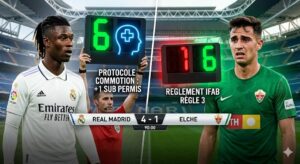Infographie expliquant les 6 remplacements autorisés lors de Real Madrid vs Elche : protocole commotion IFAB Règle 3 sur Camavinga et Pedrosa
