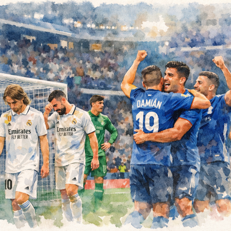 Illustration style aquarelle du match Real Madrid vs Getafe au Santiago Bernabéu lors de la défaite madrilène en Liga 2026