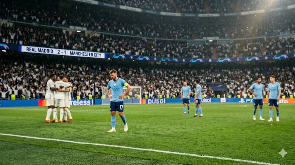 Célébration des joueurs du Real Madrid après un but contre Manchester City, avec le score affiché de 2-1 sur les écrans géants du stade Santiago Bernabéu.