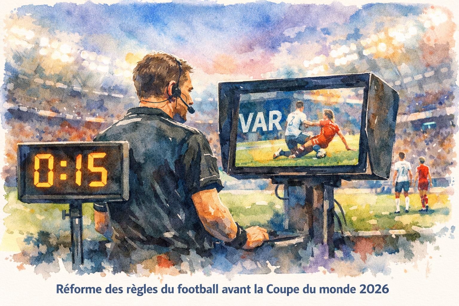 Arbitre consultant le VAR illustrant les nouvelles règles du football adoptées par l’IFAB pour 2026
