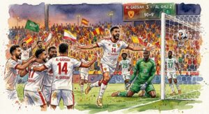 Aquarelle dynamique montrant la célébration passionnée de la remontada d'Al-Qadsiah contre Al-Ahli (3-2) en Saudi Pro League, avec des joueurs sautant et le tableau d'affichage indiquant 90+9'.