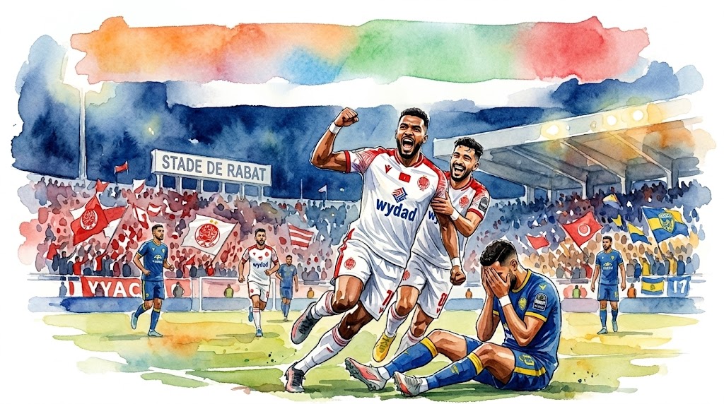 Illustration style aquarelle montrant les joueurs du Wydad AC célébrant un but avec joie, face à la déception d'un joueur de l'Union Touarga, dans l'ambiance du stade de Rabat.
