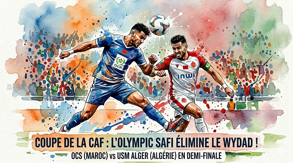 Illustration style aquarelle d'un duel intense entre un joueur de l'Olympic de Safi et un joueur du Wydad Casablanca lors de la Coupe de la CAF.
