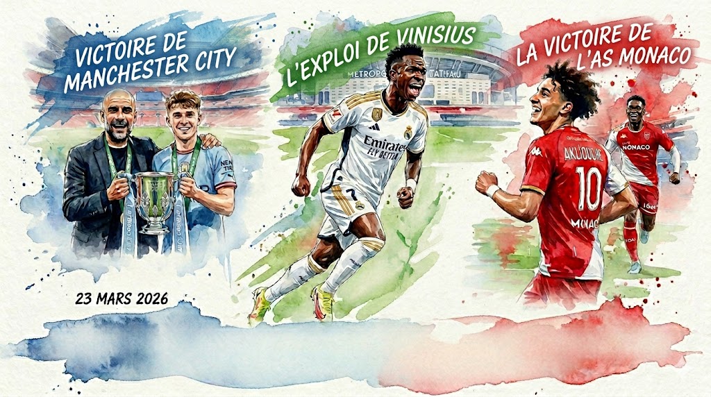 Illustration composite style aquarelle datée du 23 mars 2026, divisée en trois sections : à gauche, Pep Guardiola et Nico O'Reilly soulevant la Carabao Cup pour Manchester City ; au centre, Vinícius Júnior célébrant son but lors du derby madrilène ; à droite, Maghnes Akliouche et Folarin Balogun fêtant la victoire de l'AS Monaco à Lyon. Le style est dynamique avec des éclaboussures de peinture bleue, verte et rouge.