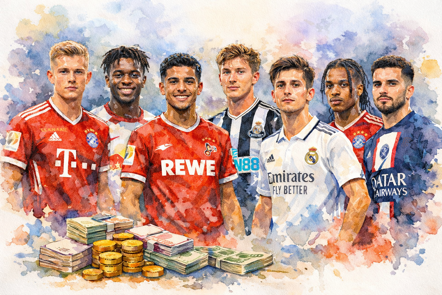 Illustration aquarelle de plusieurs stars du football européen dont la valeur marchande a fortement augmenté en 2026 selon Transfermarkt