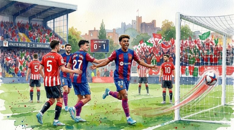 Lamine Yamal célèbre son but décisif lors de la victoire 1-0 du FC Barcelone contre l'Athletic Bilbao en Liga.