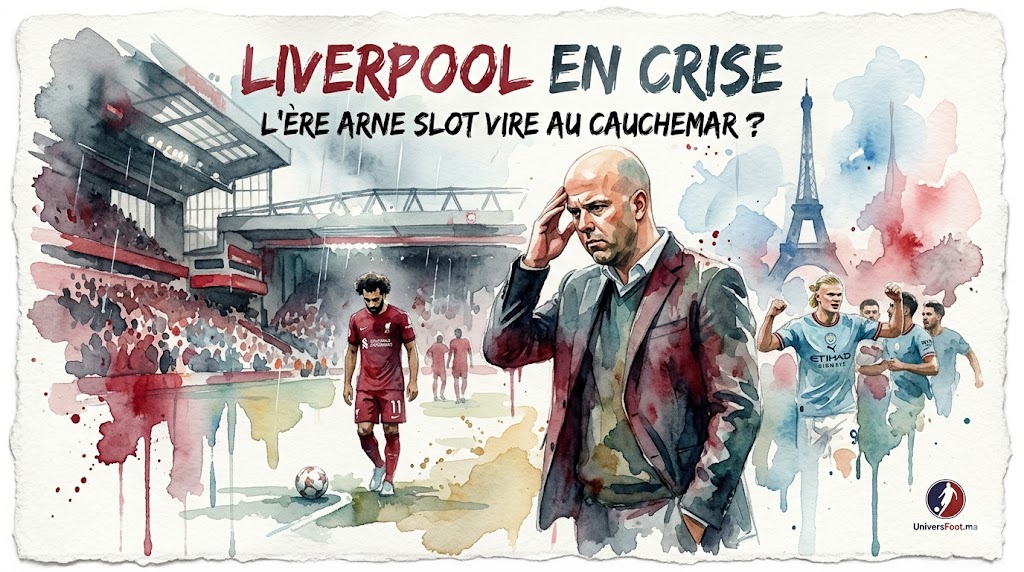 Illustration style aquarelle montrant Arne Slot préoccupé devant le stade d'Anfield, avec Mohamed Salah déçu et la Tour Eiffel en arrière-plan symbolisant le choc contre le PSG.
