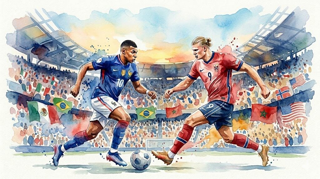 Une peinture à l'aquarelle dynamique et expressive représentant Kylian Mbappé, en uniforme de la France avec le numéro 10 et un écusson de coq, et Erling Haaland, en uniforme de la Norvège avec le numéro 9 et un drapeau national, engagés dans un duel rapproché pour le football. L'arrière-plan montre un grand stade de football rempli de supporters et de divers drapeaux nationaux, dont ceux du Mexique, du Brésil, des États-Unis et du Maroc, le tout dans un style aquarelle doux et coloré sur papier texturé.