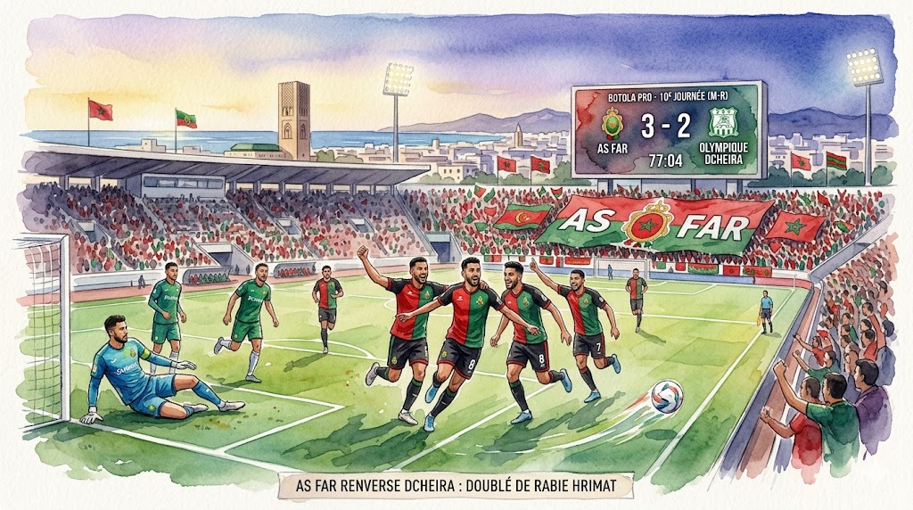 Illustration aquarelle du match AS FAR vs Olympique Dcheira montrant les joueurs militaires célébrant un but sous les yeux des supporters à Rabat.