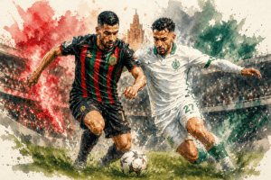Duel entre un joueur de l’AS FAR et un joueur du Raja lors du Clasico marocain en Botola Pro, illustration style aquarelle.