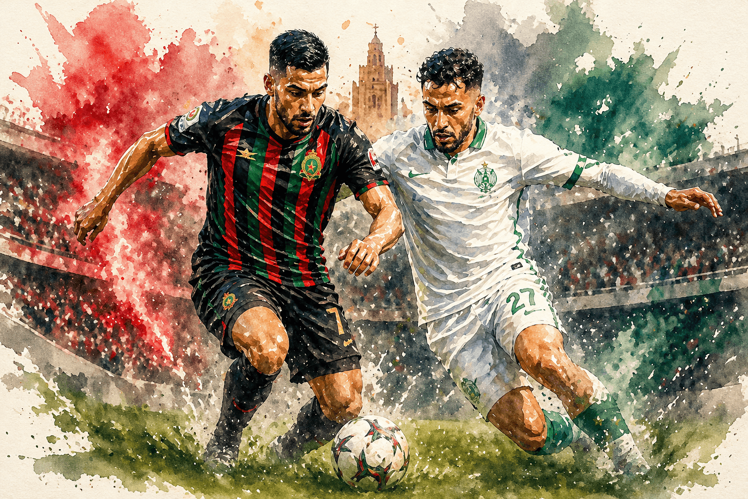 Duel entre un joueur de l’AS FAR et un joueur du Raja lors du Clasico marocain en Botola Pro, illustration style aquarelle.