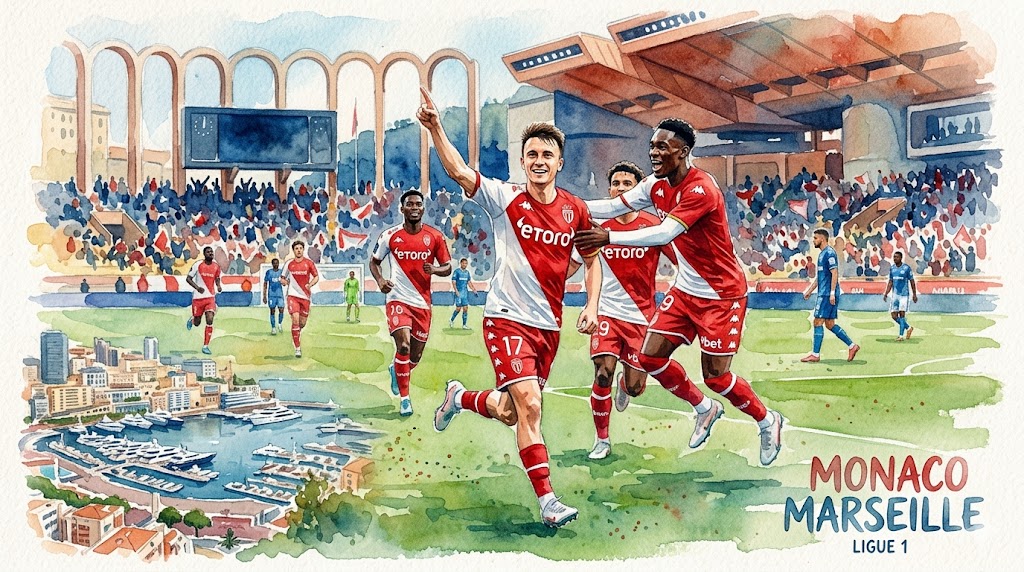 Illustration aquarelle d'Aleksandr Golovin et Folarin Balogun célébrant un but pour l'AS Monaco face à l'OM avec le stade Louis-II et le port en arrière-plan.