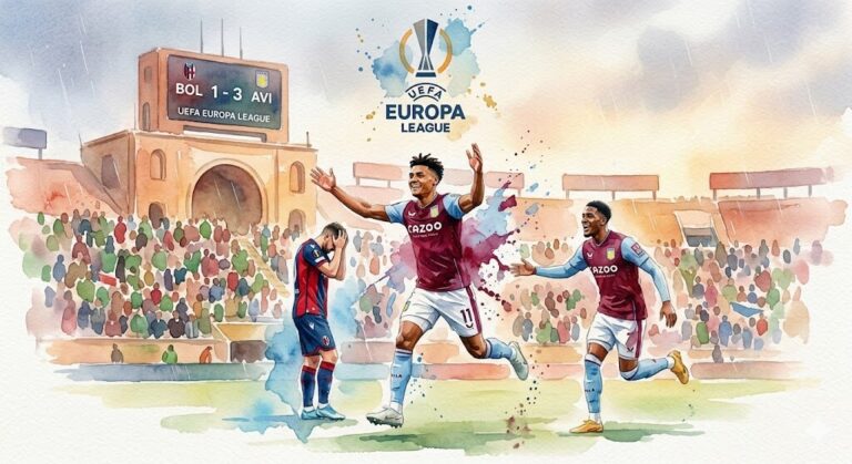 Illustration style aquarelle de la célébration des joueurs d'Aston Villa après leur victoire 3-1 contre Bologne en Europa League.