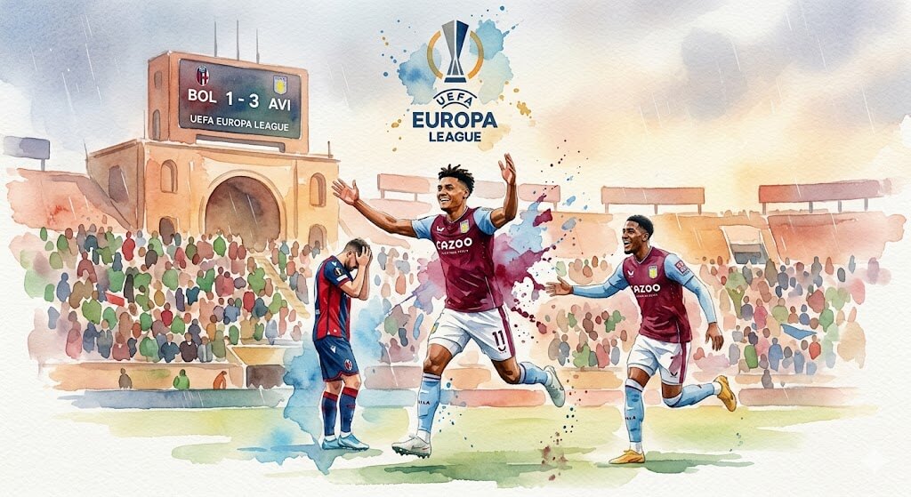 Illustration style aquarelle de la célébration des joueurs d'Aston Villa après leur victoire 3-1 contre Bologne en Europa League.