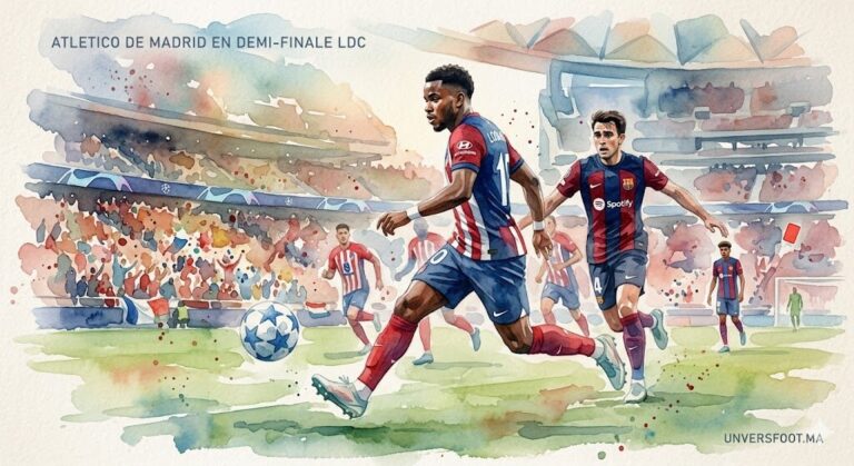 Illustration style aquarelle montrant un duel entre l'Atlético de Madrid et le FC Barcelone au stade Metropolitano en Ligue des Champions.