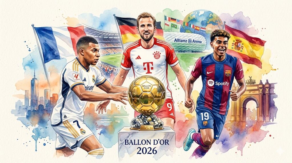 Illustration aquarelle moderne représentant Kylian Mbappé, Harry Kane et Lamine Yamal entourant le trophée du Ballon d'Or 2026.