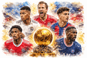 Illustration aquarelle Ballon d’Or 2026 avec Mbappé, Yamal, Kane, Olise et Julián Álvarez après les quarts de finale de Ligue des champions
