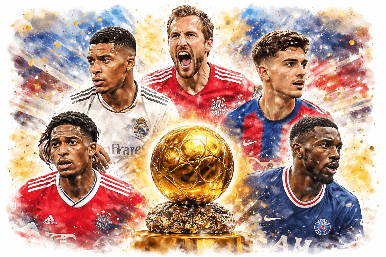 Illustration aquarelle Ballon d’Or 2026 avec Mbappé, Yamal, Kane, Olise et Julián Álvarez après les quarts de finale de Ligue des champions