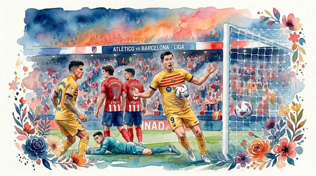 Illustration style aquarelle de Robert Lewandowski marquant le but de la victoire pour le FC Barcelone face à l'Atlético de Madrid au stade Metropolitano.