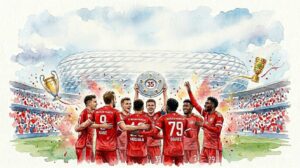 Illustration style aquarelle des joueurs du Bayern Munich (Kane, Musiala, Davies) célébrant le titre de champion d'Allemagne devant l'Allianz Arena.