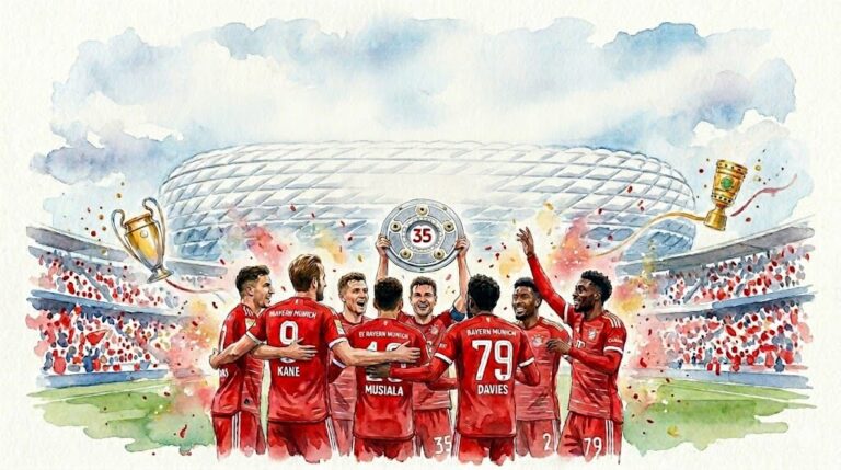 Illustration style aquarelle des joueurs du Bayern Munich (Kane, Musiala, Davies) célébrant le titre de champion d'Allemagne devant l'Allianz Arena.