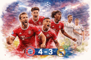 Bayern Munich bat Real Madrid 4-3 en Ligue des champions illustration aquarelle joueurs célébration Kane Olise Mbappé Güler