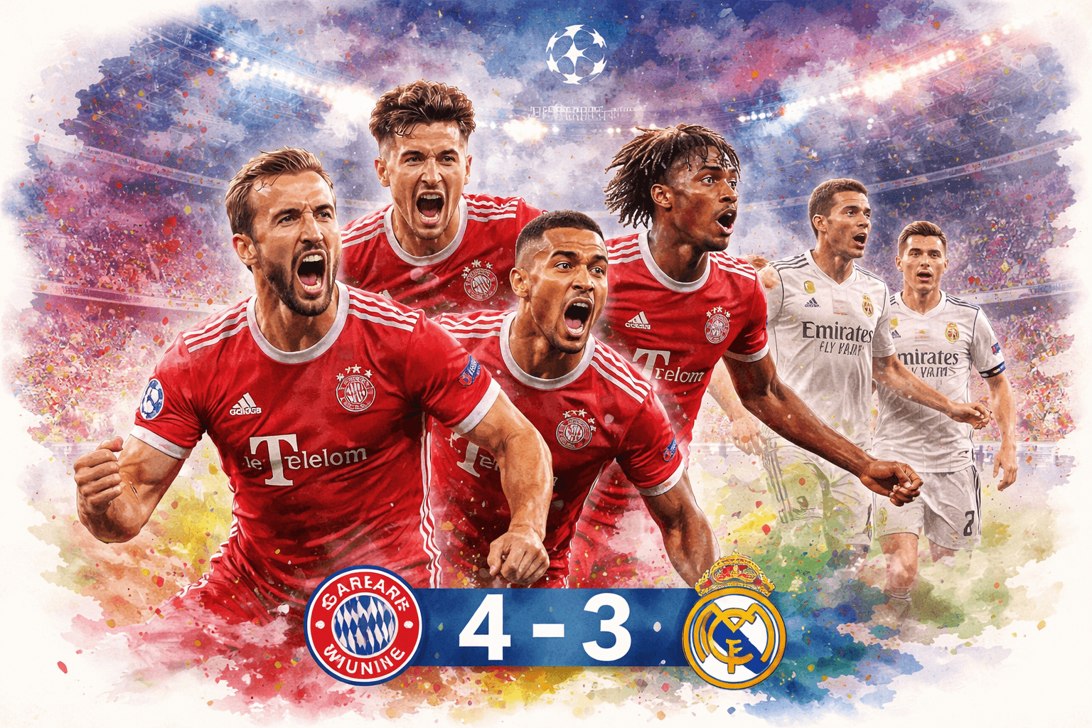 Bayern Munich bat Real Madrid 4-3 en Ligue des champions illustration aquarelle joueurs célébration Kane Olise Mbappé Güler