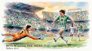 Illustration à l'aquarelle montrant un joueur du Betis Séville en vert et blanc et un joueur du Real Madrid en blanc luttant pour le ballon dans le stade Benito Villamarín.
