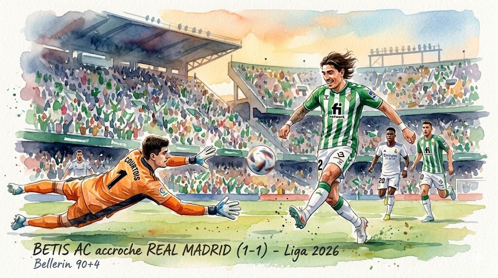 Illustration à l'aquarelle montrant un joueur du Betis Séville en vert et blanc et un joueur du Real Madrid en blanc luttant pour le ballon dans le stade Benito Villamarín.