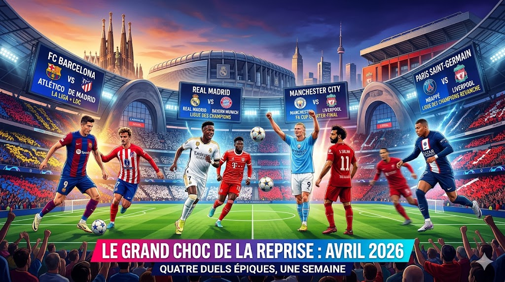 Montage visuel des matchs Real-Bayern, Barça-Atlético, Man City-Liverpool et PSG-Liverpool avec les stars du football mondial pour la reprise d'avril 2026.