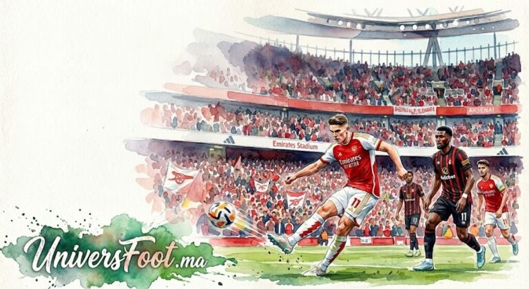 Illustration à l'aquarelle du match Arsenal contre Bournemouth à l'Emirates Stadium, montrant un duel entre les joueurs des Gunners et des Cherries.
