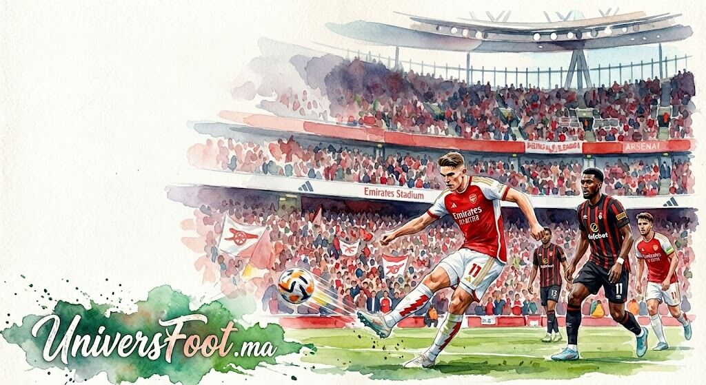 Illustration à l'aquarelle du match Arsenal contre Bournemouth à l'Emirates Stadium, montrant un duel entre les joueurs des Gunners et des Cherries.