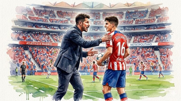 Illustration en aquarelle de Diego Simeone entraîneur de l'Atlético de Madrid discutant avec son fils Giuliano Simeone sur le terrain du stade Metropolitano.