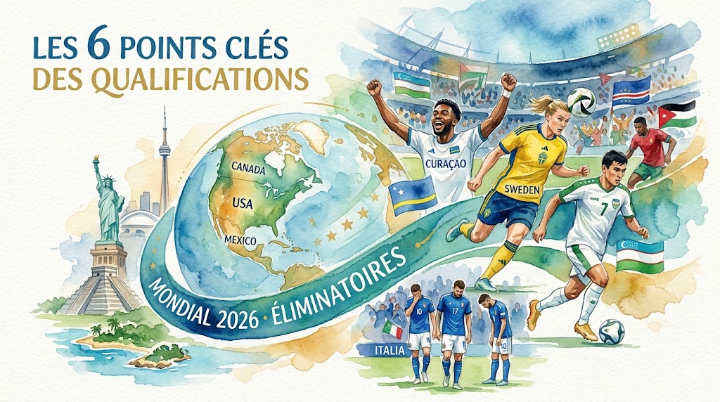 Illustration aquarelle montrant les joueurs de Suède, Curaçao et Ouzbékistan célébrant leur qualification pour le Mondial 2026 avec l'Italie déçue en arrière-plan.
