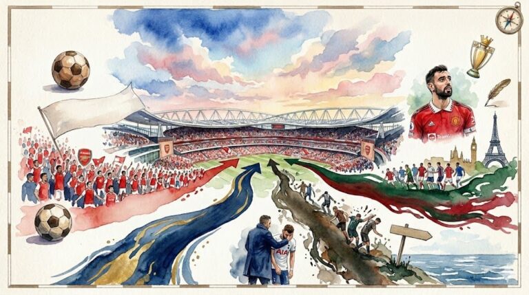Illustration style aquarelle représentant les enjeux de la Premier League : supporters d'Arsenal, Bruno Fernandes, et la lutte pour le maintien.