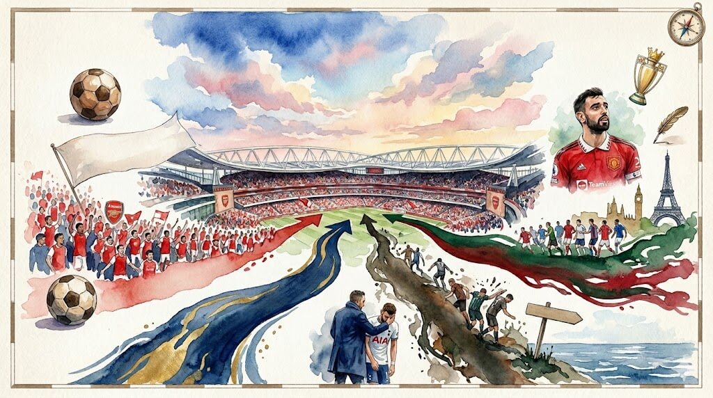 Illustration style aquarelle représentant les enjeux de la Premier League : supporters d'Arsenal, Bruno Fernandes, et la lutte pour le maintien.