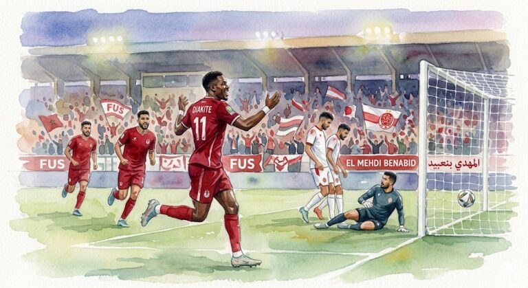 Dessin style aquarelle montrant Lamine Diakité célébrant un but avec ses coéquipiers du FUS Rabat, le gardien du Wydad au sol et le ballon dans les filets.