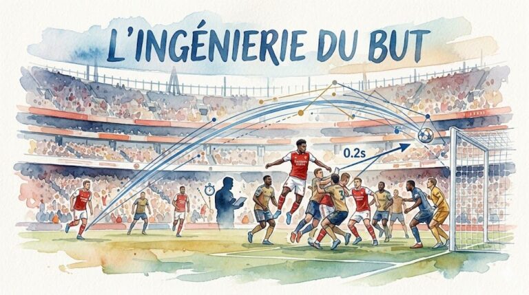 Aquarelle illustrative d'une action de corner d'Arsenal, illustrant le concept scientifique de l'ingénierie du but et la tactique de la zone aveugle avec des schémas graphiques.