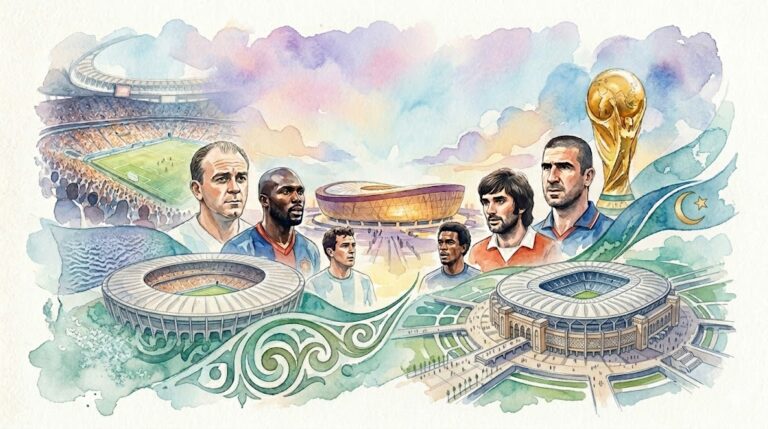 Illustration artistique en aquarelle représentant les portraits de légendes du football comme Alfredo Di Stéfano, George Weah, Mohamed Aboutrika, George Best et Eric Cantona devant des stades et le trophée de la Coupe du Monde.