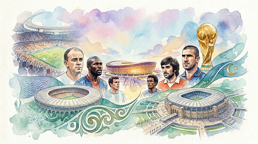 Illustration artistique en aquarelle représentant les portraits de légendes du football comme Alfredo Di Stéfano, George Weah, Mohamed Aboutrika, George Best et Eric Cantona devant des stades et le trophée de la Coupe du Monde.