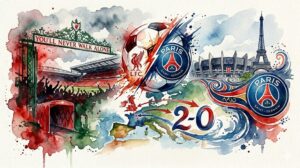 Illustration style aquarelle montrant les logos de Liverpool et du PSG, le stade Anfield, la Tour Eiffel et le score de 2-0 pour le quart de finale de Ligue des Champions.