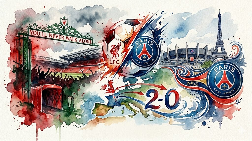 Illustration style aquarelle montrant les logos de Liverpool et du PSG, le stade Anfield, la Tour Eiffel et le score de 2-0 pour le quart de finale de Ligue des Champions.