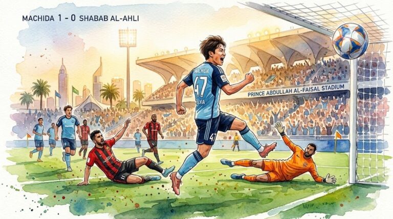 Illustration style aquarelle montrant l'attaquant de Machida Zelvia, Yuki Soma, marquant un but contre Shabab Al-Ahli au stade Prince Abdullah Al-Faisal.
