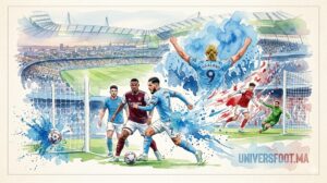 Illustration style aquarelle montrant Rayan Cherki et Erling Haaland lors du match Manchester City contre Arsenal à l'Etihad Stadium.
